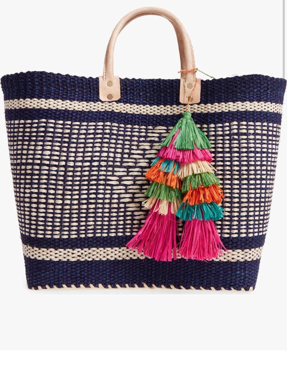 Mar Y Sol Ibiza Woven Tote Bag Tassel Charms Navy Cream Handmade Beach Tote